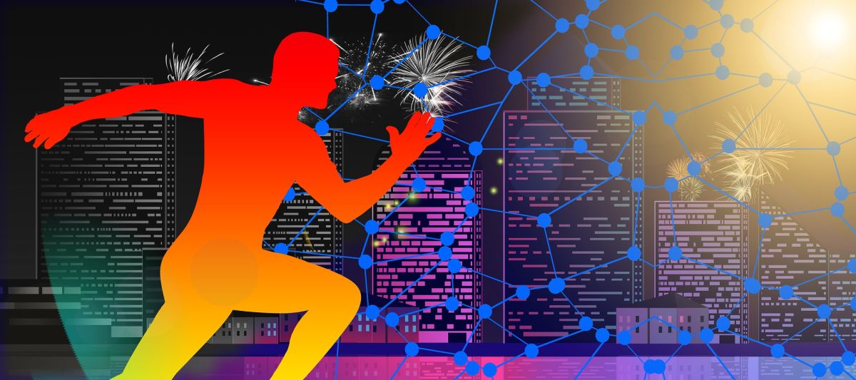 Man running in science fiction environment, dimension, graphic illustration