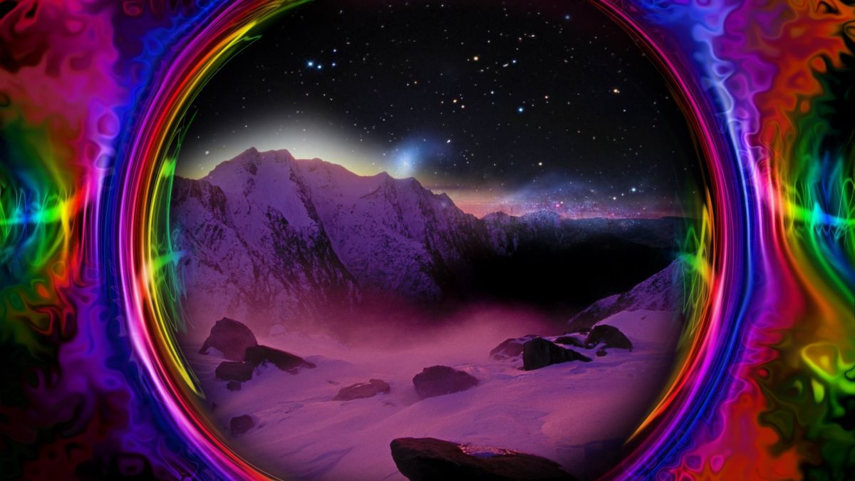 Psychedelic landscape with snowy mountains seen through a reality tunnel