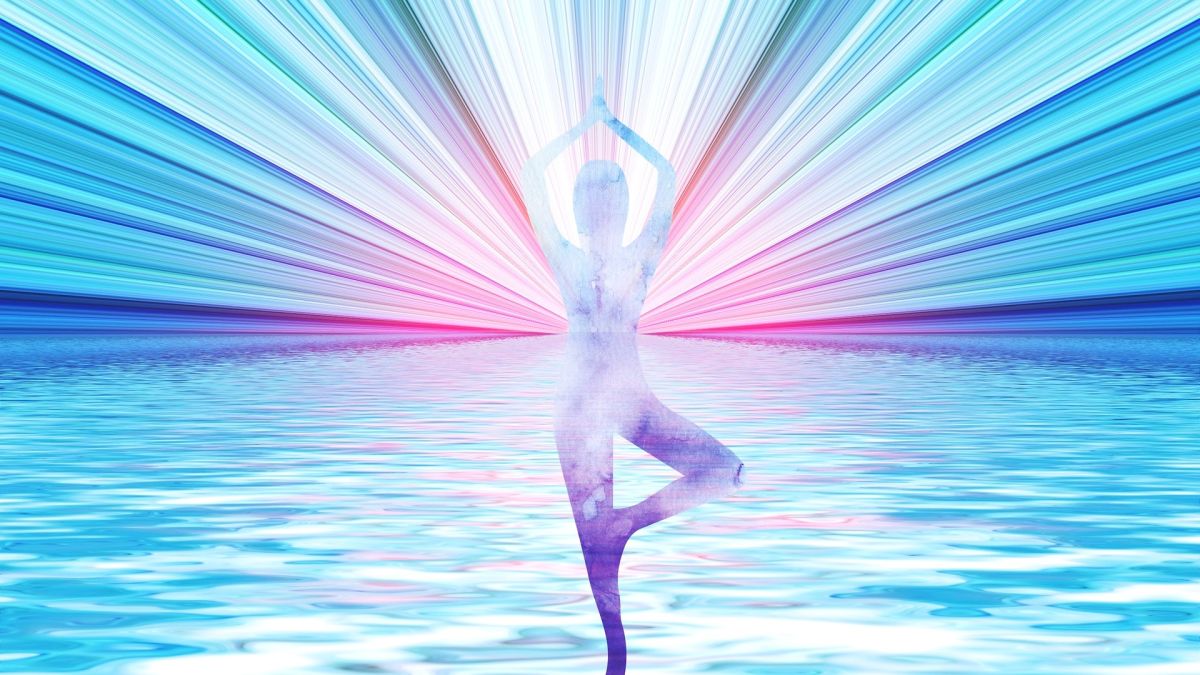 Woman doing spiritual yoga, rays, radiation, blue, psychedelic