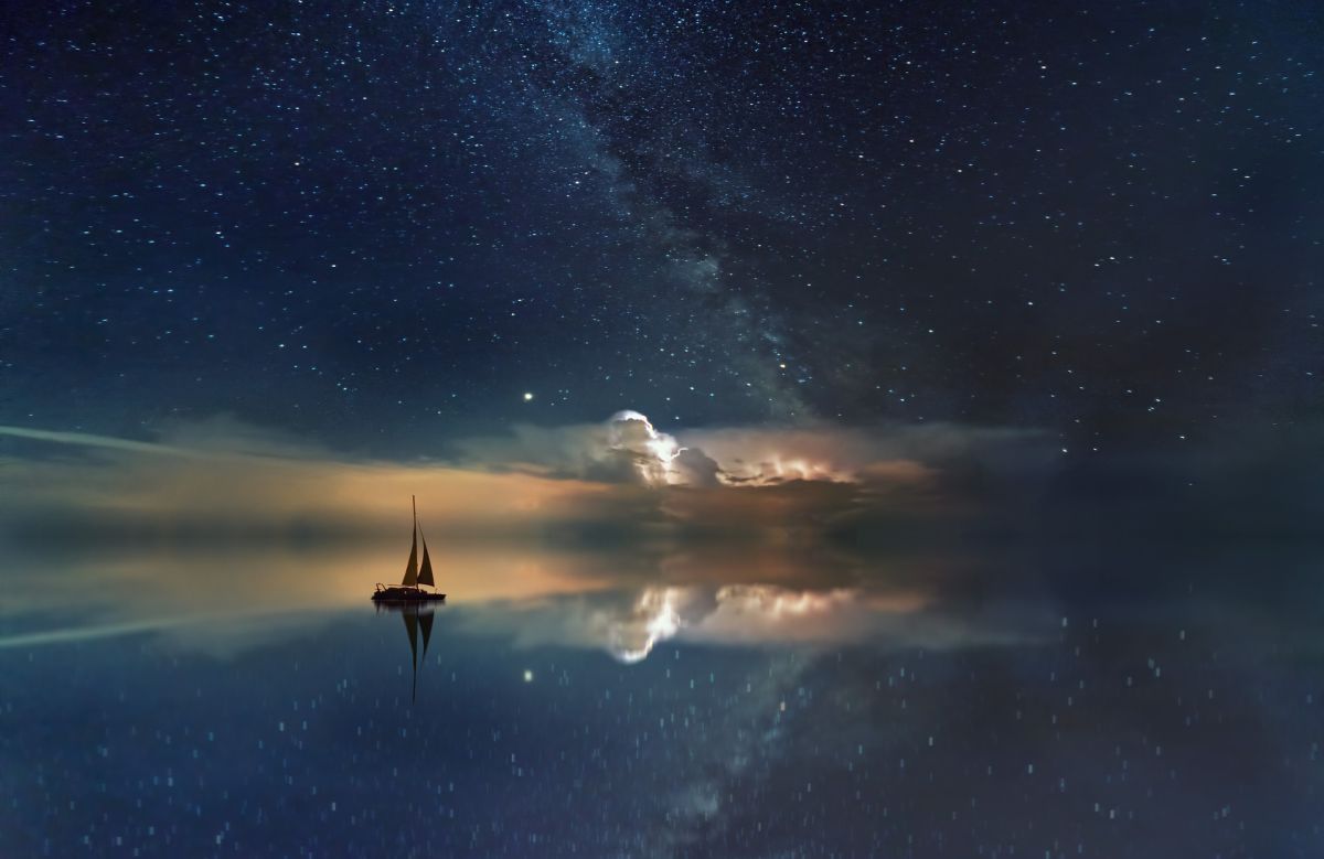 Stars and milky way galaxy, universe, ocean, boat