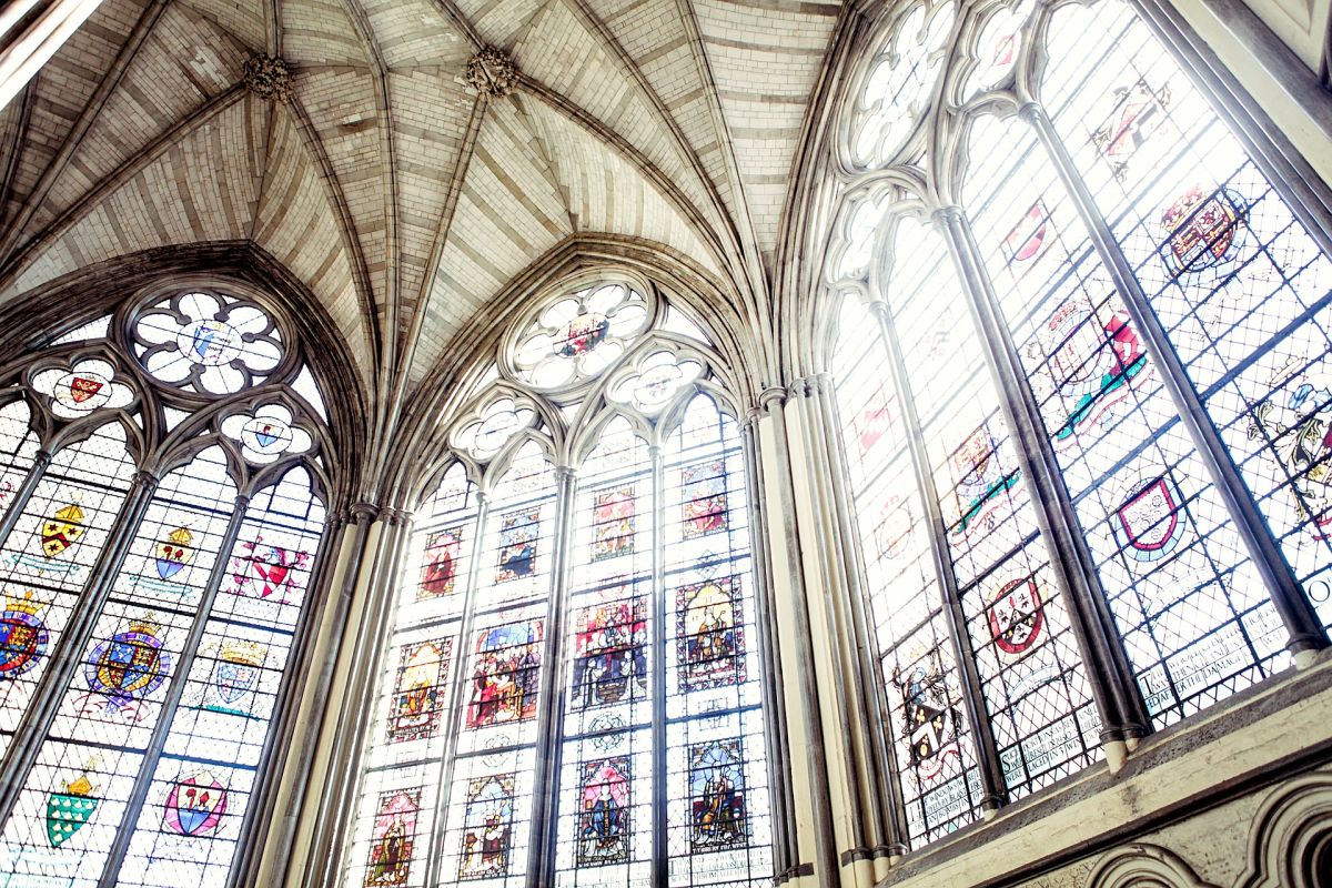 Cathedral with lights through stained windows