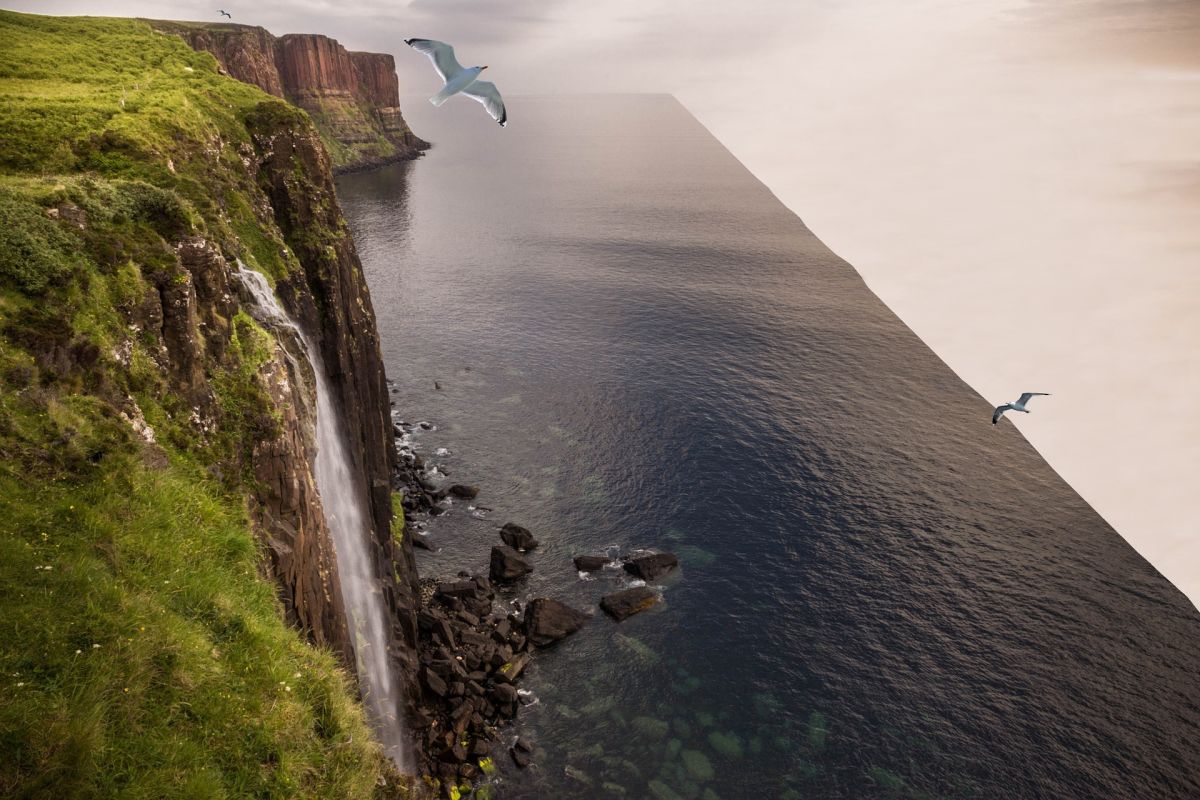 Flat earth foto montage, edge of the world, lake, sea