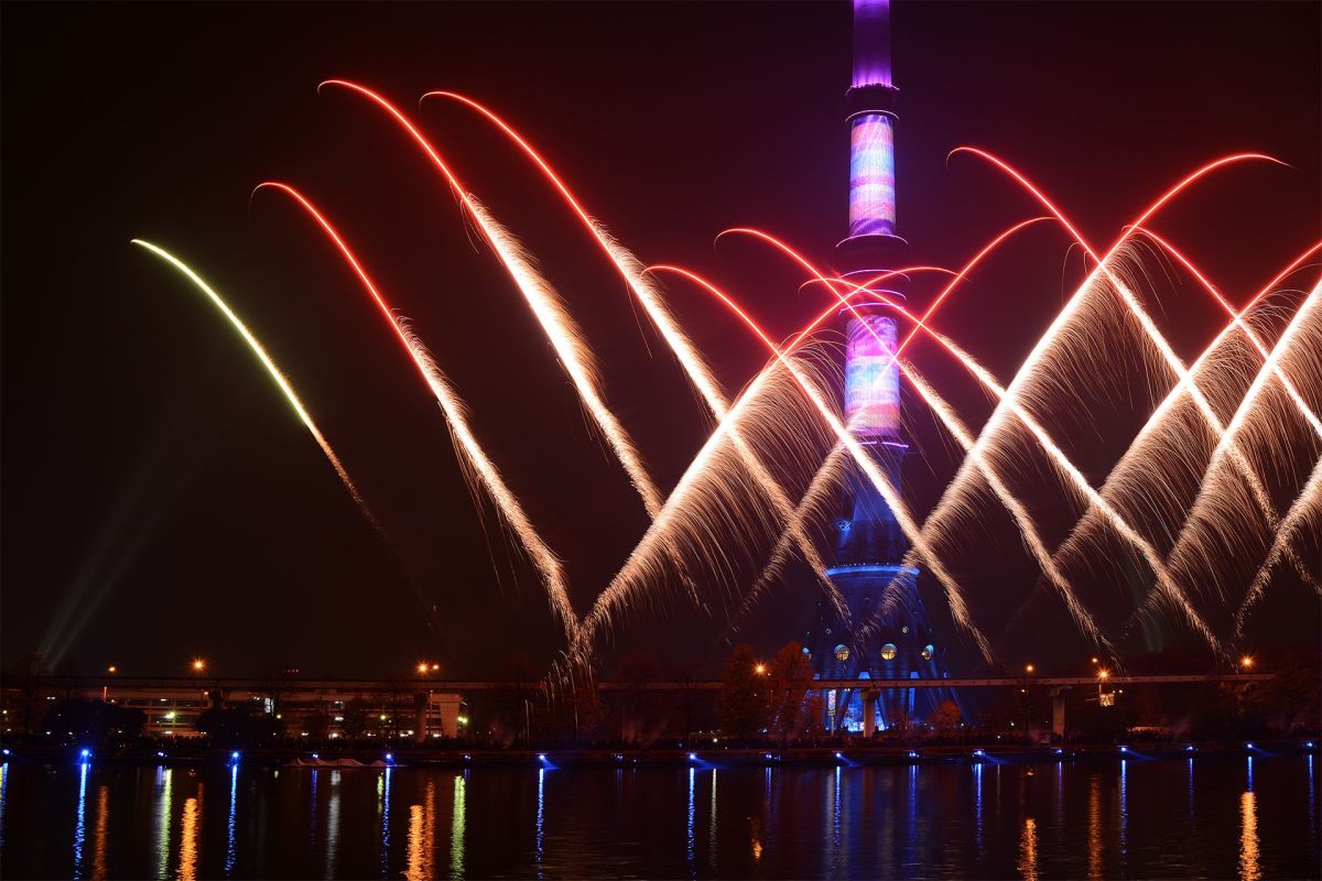 Ostankino tower in Moscow with fireworks