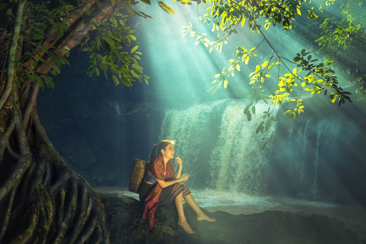 Woman sitting in forest with trees, relaxing