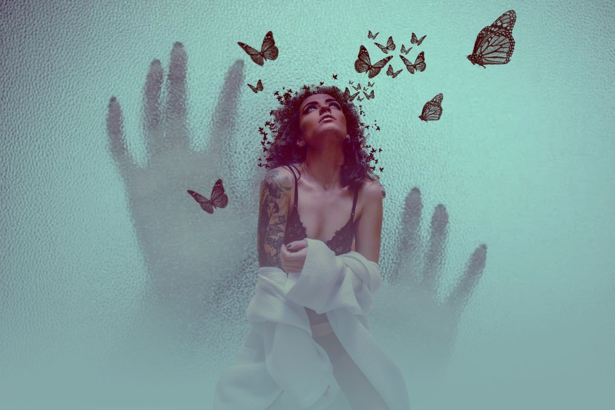 Woman, desire, longing, romance, romantic, butterflies, hands, dreamy