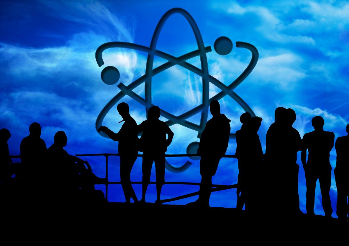Nucleus, atoms, people, silhouette, blue, black