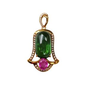 Lii Ji 18K Gold 10x16mm Rectangle Natural Green Tourmaline Pink Sapphire Diamond Pendant Image 1