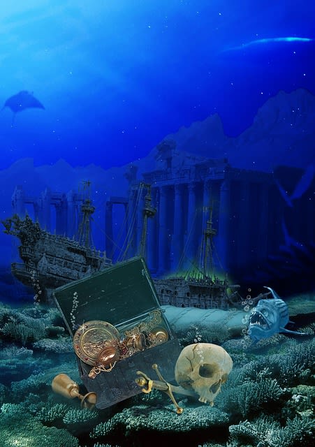 Sunken treasure box with skull in underwater world