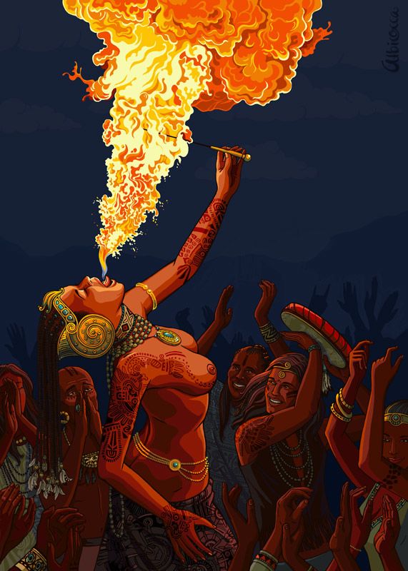 Woman in shamanic fire-dance by Elena Dolgova