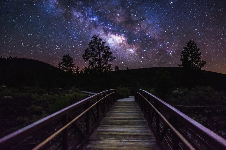 Night landscape, galaxy, milky way, stars, bridge, way, scenic