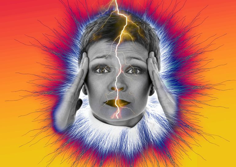 Woman holding head, headache, migraine, flash, psychedelic colors