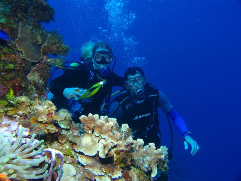 Diving couple and fish