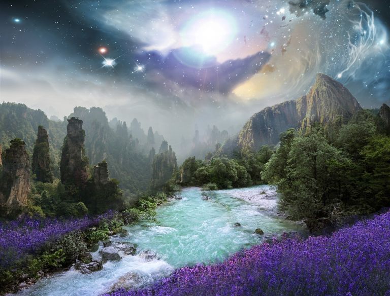 Fantasy landscape with river, flowers meadow, treens, nebula, and universe