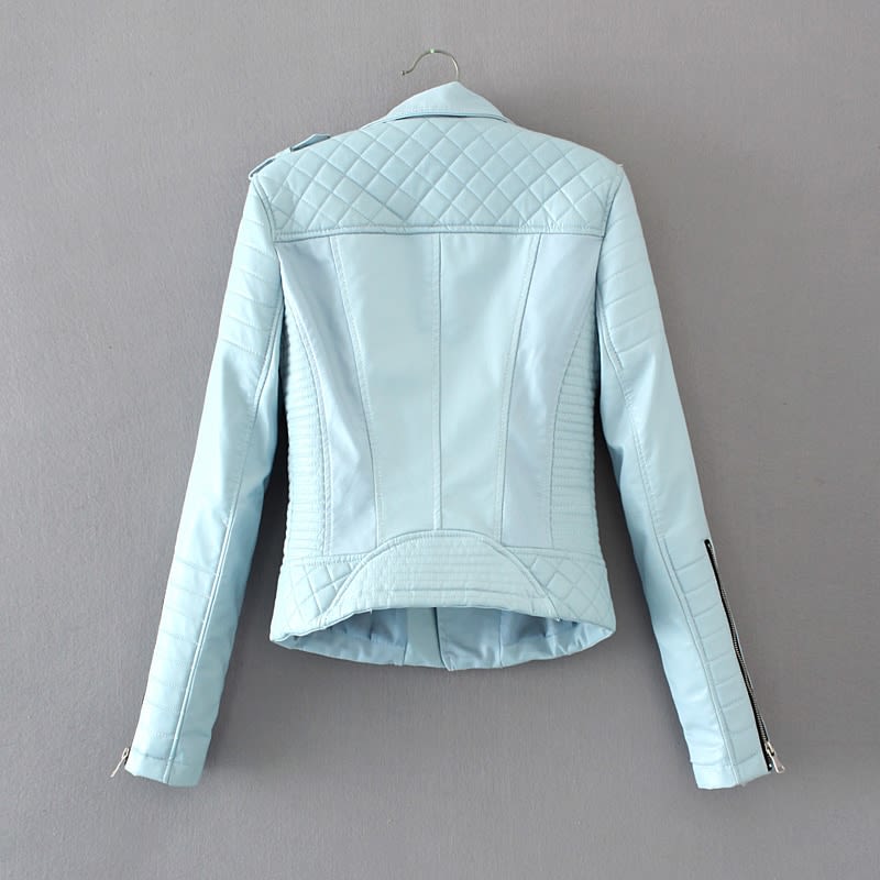 Women Fashion Soft Faux Leather Jackets -Motorcyle Zippers Biker Blue Coat Image 3