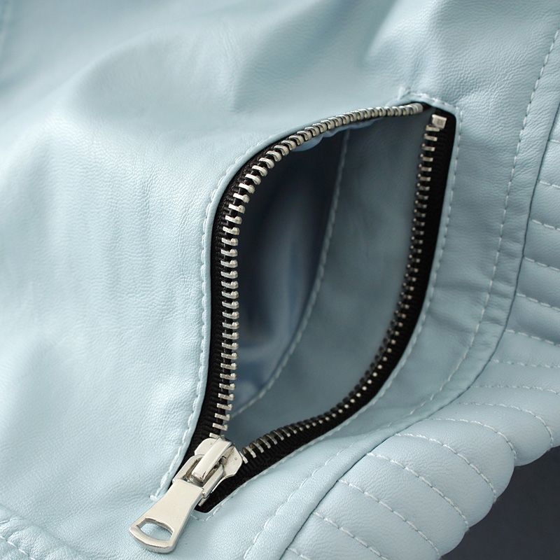 Women Fashion Soft Faux Leather Jackets -Motorcyle Zippers Biker Blue Coat Image 6