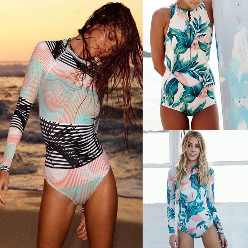 2018 Print Floral One Piece Swimsuit Long Sleeve Swimwear Women Bathing Suit Retro Swimsuit Vintage One-piece Surfing Swim Suits Image 1