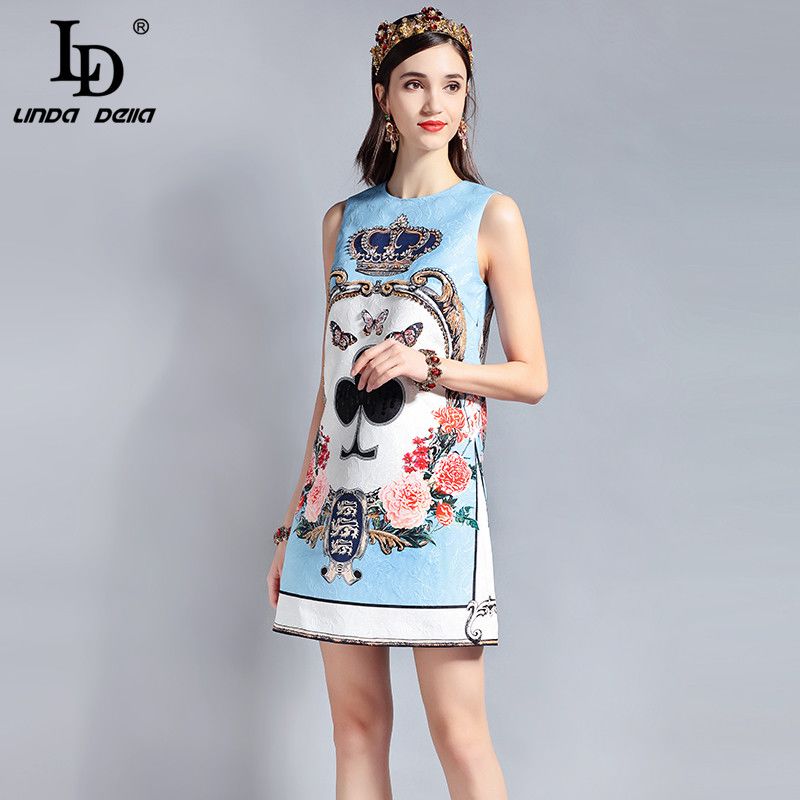 LD LINDA DELLA Fashion Designer Runway Summer Dress Women's Sleeveless Sequin Beading Jacquard Floral Print Vintage Casual Dress Image 3