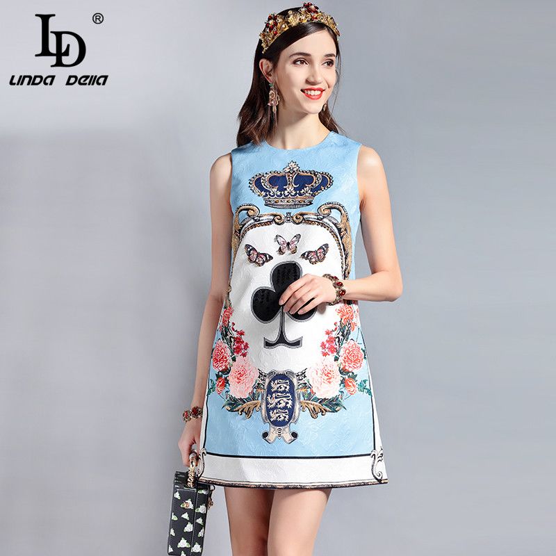 LD LINDA DELLA Fashion Designer Runway Summer Dress Women's Sleeveless Sequin Beading Jacquard Floral Print Vintage Casual Dress Image 4