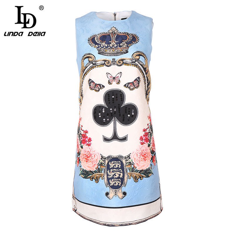 LD LINDA DELLA Fashion Designer Runway Summer Dress Women's Sleeveless Sequin Beading Jacquard Floral Print Vintage Casual Dress Image 6