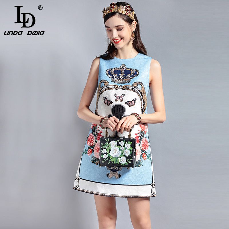 LD LINDA DELLA Fashion Designer Runway Summer Dress Women's Sleeveless Sequin Beading Jacquard Floral Print Vintage Casual Dress Image 7