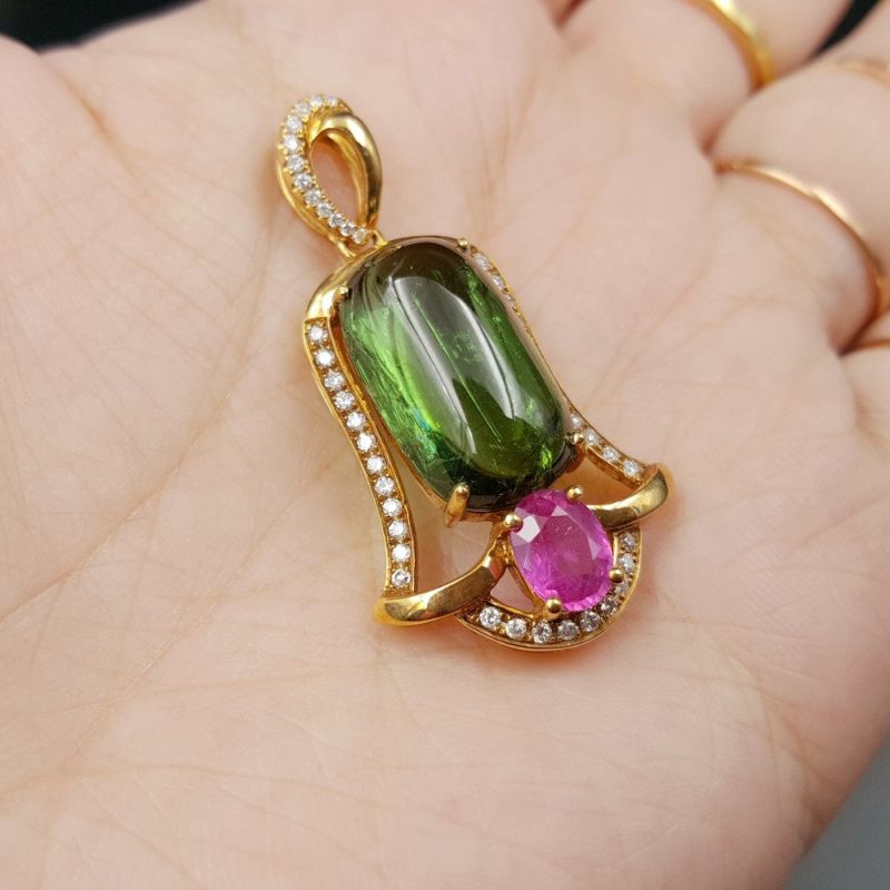 Lii Ji 18K Gold 10x16mm Rectangle Natural Green Tourmaline Pink Sapphire Diamond Pendant Image 5