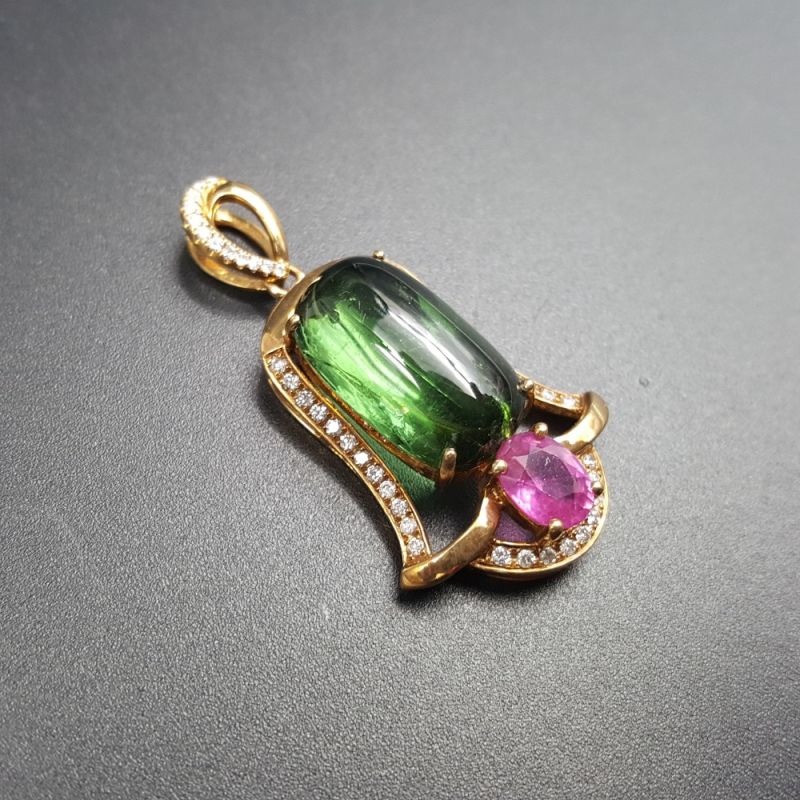 Lii Ji 18K Gold 10x16mm Rectangle Natural Green Tourmaline Pink Sapphire Diamond Pendant Image 2