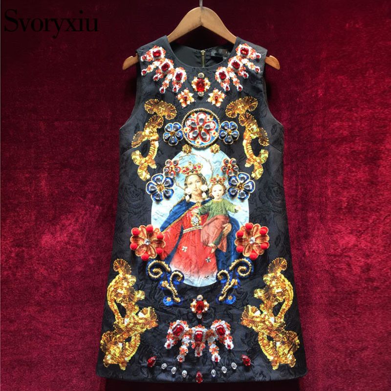 Vintage Black Mini Dress Women's Sleeveless Luxurious Diamonds Dress Image 1