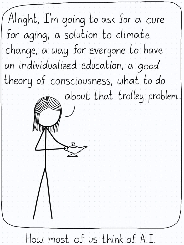 Person holding a lamp and rubbing it: "Alright, I'm going to for a cure for aging, a solution to climate change, a way for everyone to have an individualized education, a good theory of consciousness, what to do about that trolley problem..."