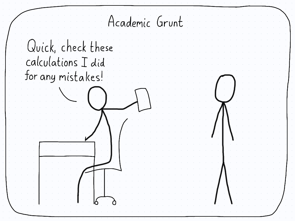 A researcher finishes a calculation at their desk and hands it off to their student assistant to make sure there aren't any mistakes.