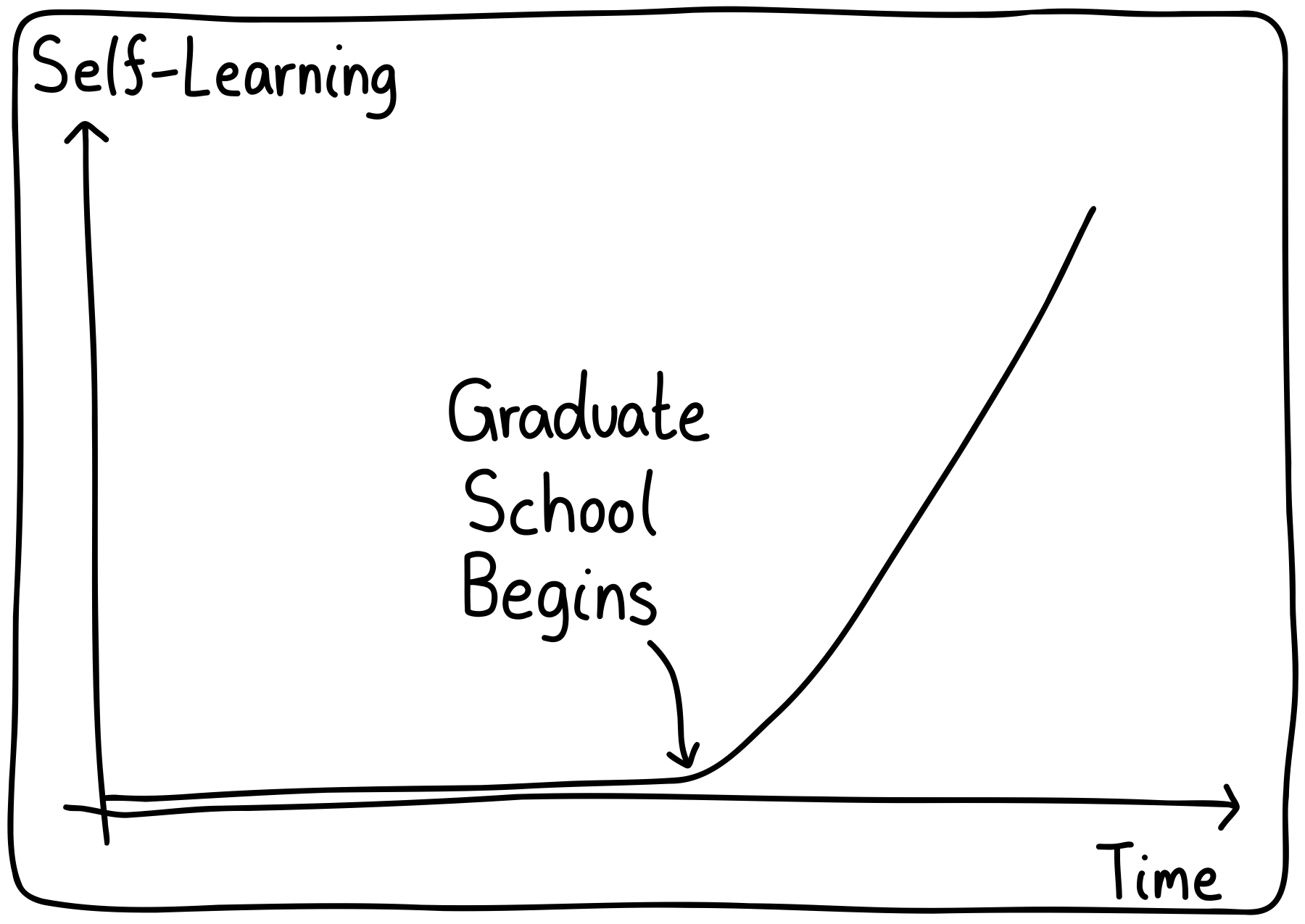 A graph showing the amount of self-learning over time. The curve remains at zero for a long time, until the spiking up at the start of graduate school.