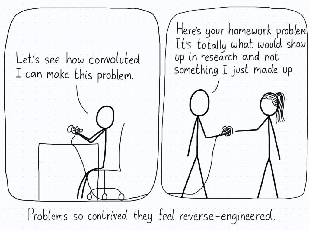 Professor: "Let's see how convoluted I can make this problem." (Later) "Here's your homework problem. It's totally what would show up in research and not something I just made up."
