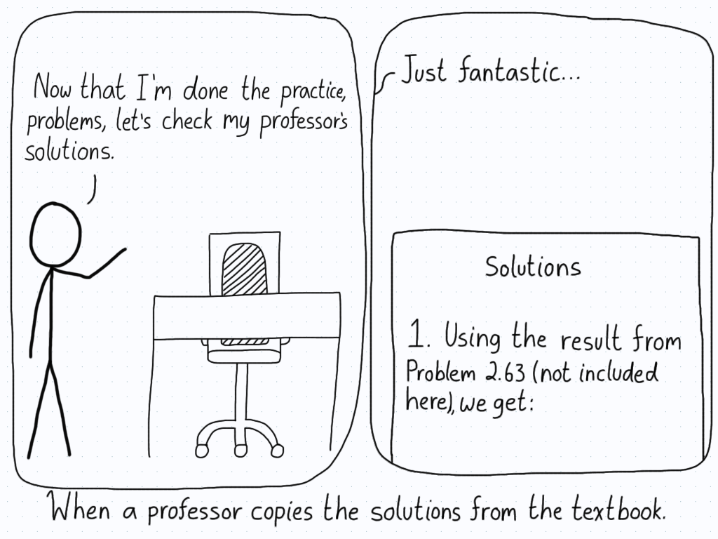 A goes to check the solutions that their professor posted, only to find that the solutions refer to other solutions which aren't given.