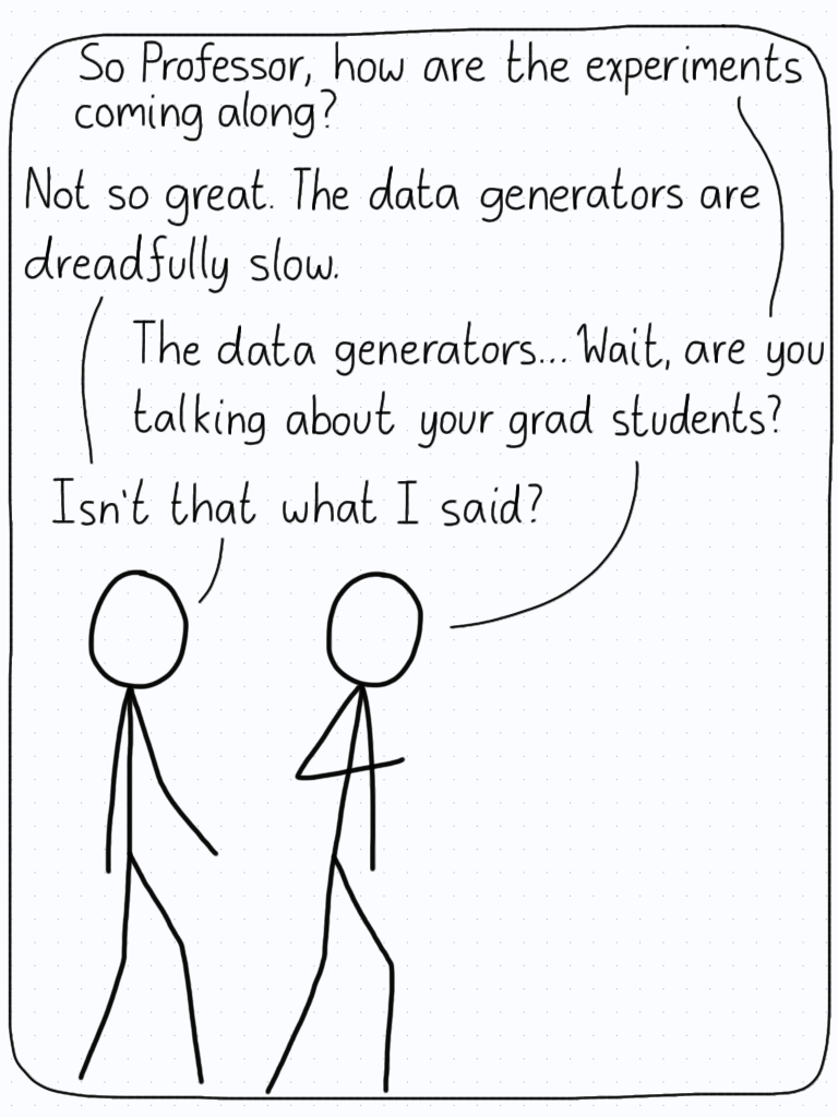 Researcher 1: "So Professor, how are the experiments coming along?" Researcher 2: "Not so great. The data generators are dreadfully slow." R1: "The data generators... Wait, are you talking about your grad students?" R2: "Isn't that what I said?"