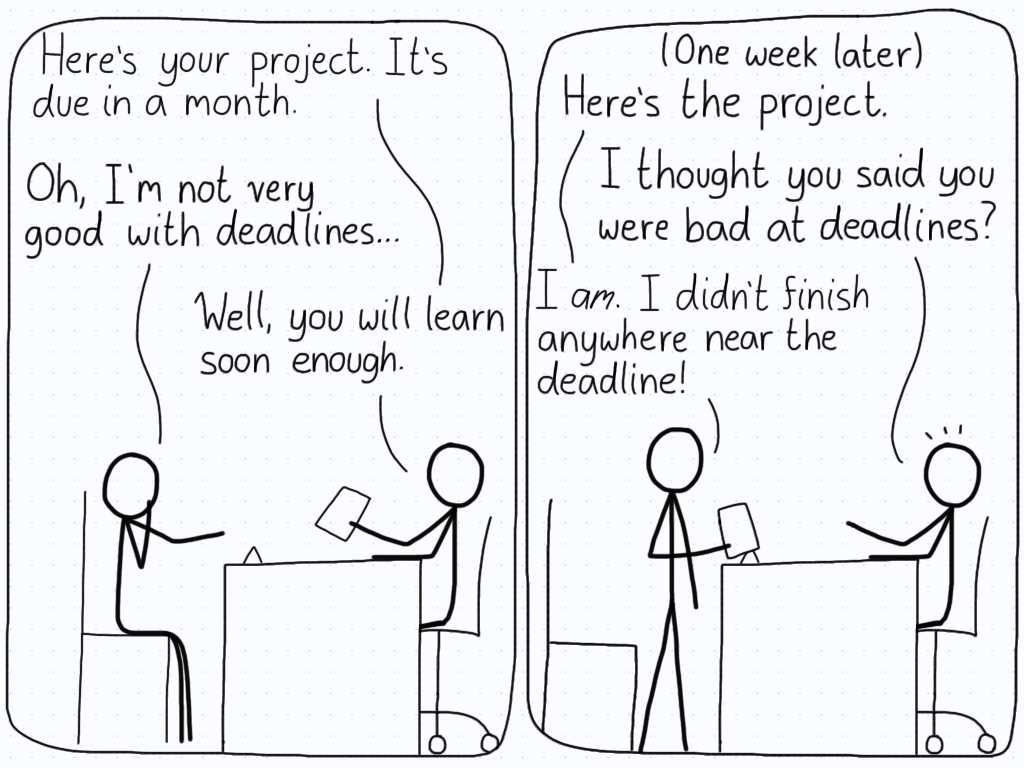 A student tells their professor that they are not good with deadlines, and follows this up by getting something done way earlier than expected.