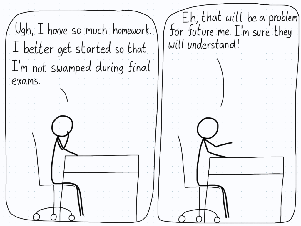 In the first panel, the student thinks that starting their homework now would be a good idea so they aren't overwhelmed later. In the second, they decide to hand the problem over to their "future selves".