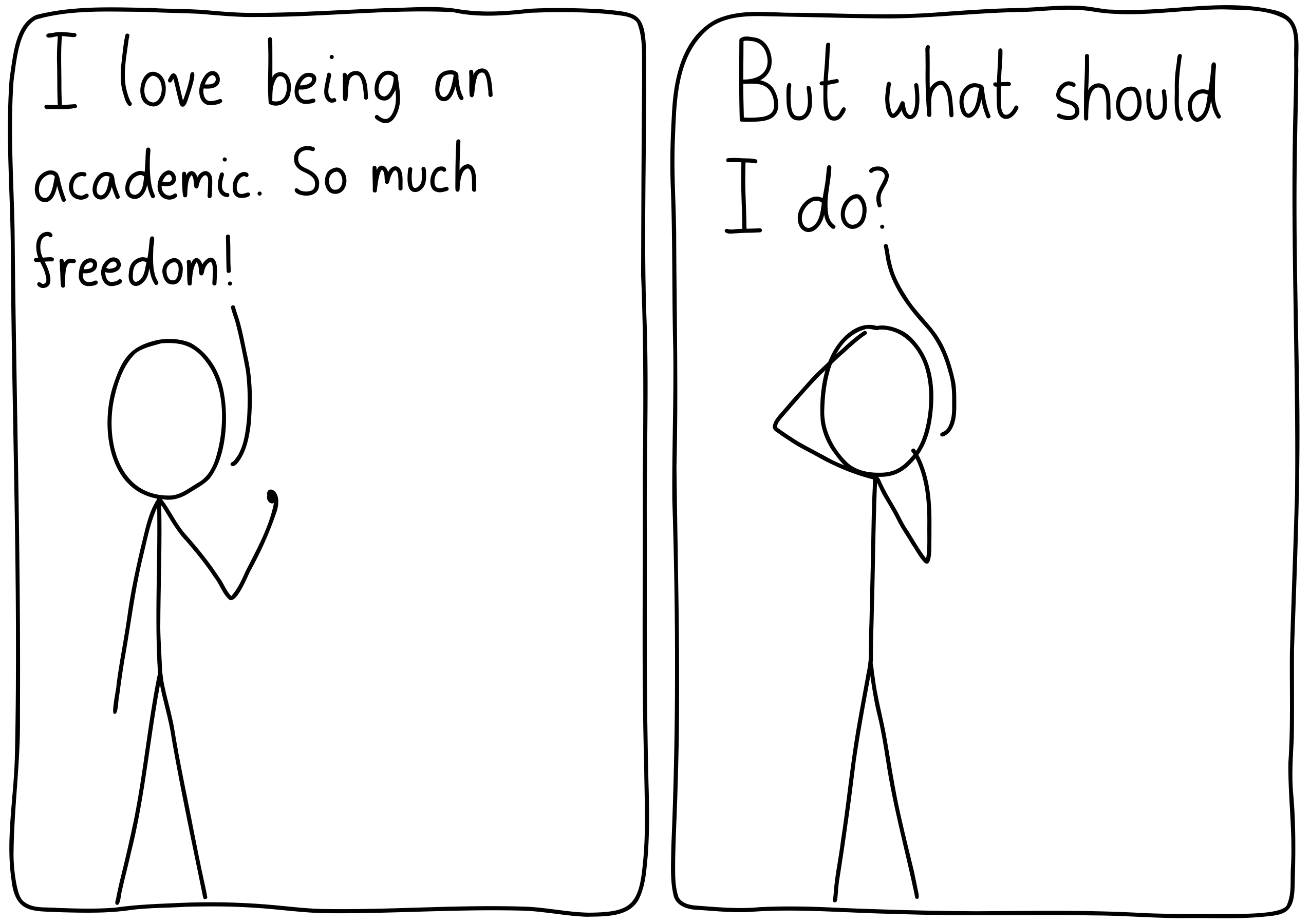 Left panel: A scientist says, "I love being an academic. So much freedom!" Right panel: The scientist is worried and says, "But what should I do?"