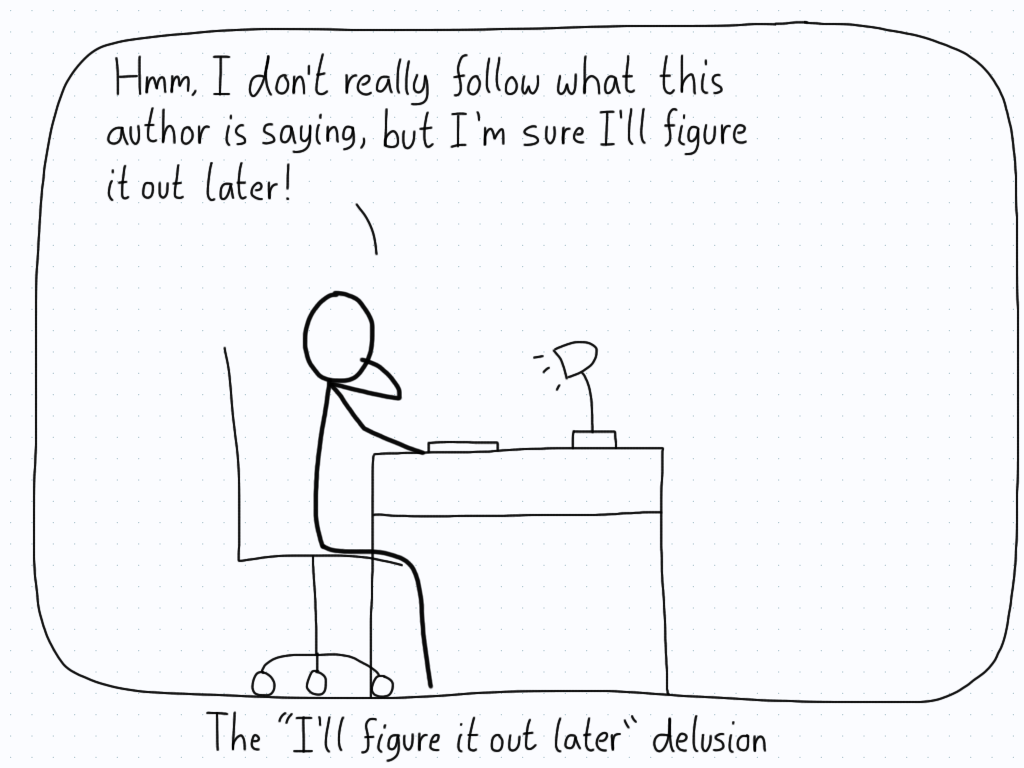 The student sits at their desk, confused about a concept from their texbook, but reasons that they will figure it out later.