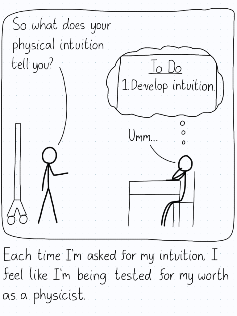 Professor: "So what does your physical intuition tell you?" Student (thinking about finding their intuition): "Umm..." Caption: Each time I'm asked for my intuition, I feel like I'm being tested for my worth as a physicist.