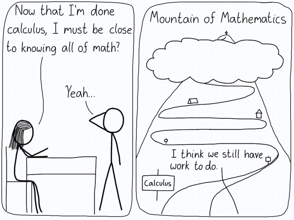 Student: "Now that I'm done calculus, I must be close to knowing all of math?" Tutor: "Yeah..." (Second panel shows a mountain with calculus at the very bottom.) Tutor: "I think we still have work to do."