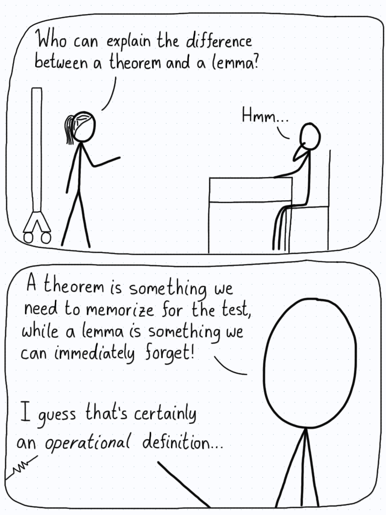 The professor asks for the difference between a theorem and a lemma. A student replies that a theorem is something they need to memorize for a test, while a lemma is something they can immediately forget.