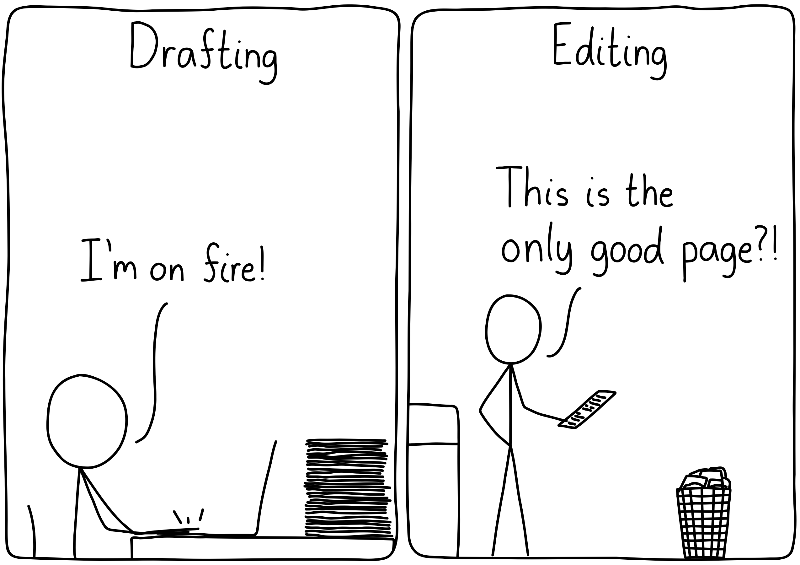 Left panel (Caption: Drafting): A scientist writing, with a huge stack of papers on their desk. "I'm on fire!" Right panel (Caption: Editing): The scientist holds one paper, while the rest are in the bin. "This is the only good page?!"