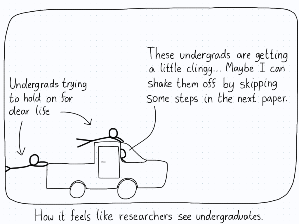 A researcher drives their pickup truck fast while undergraduates try to cling on for dear life from the back.