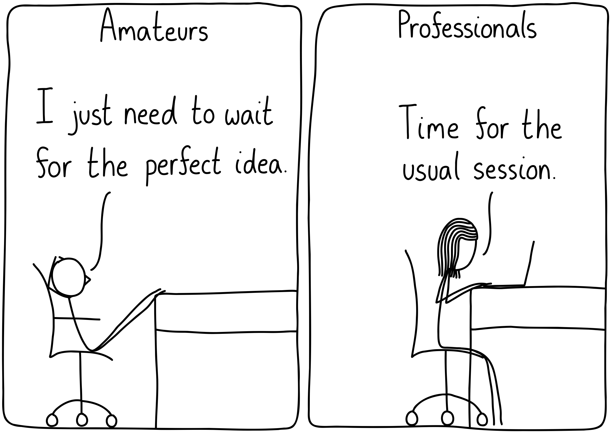 Panel One (Caption: Amateurs): A person kicks back with their feet on their desk. "I just need to wait for the perfect idea." Panel Two (Caption: Professionals): A person starts working at their desk. "Time for the usual session."