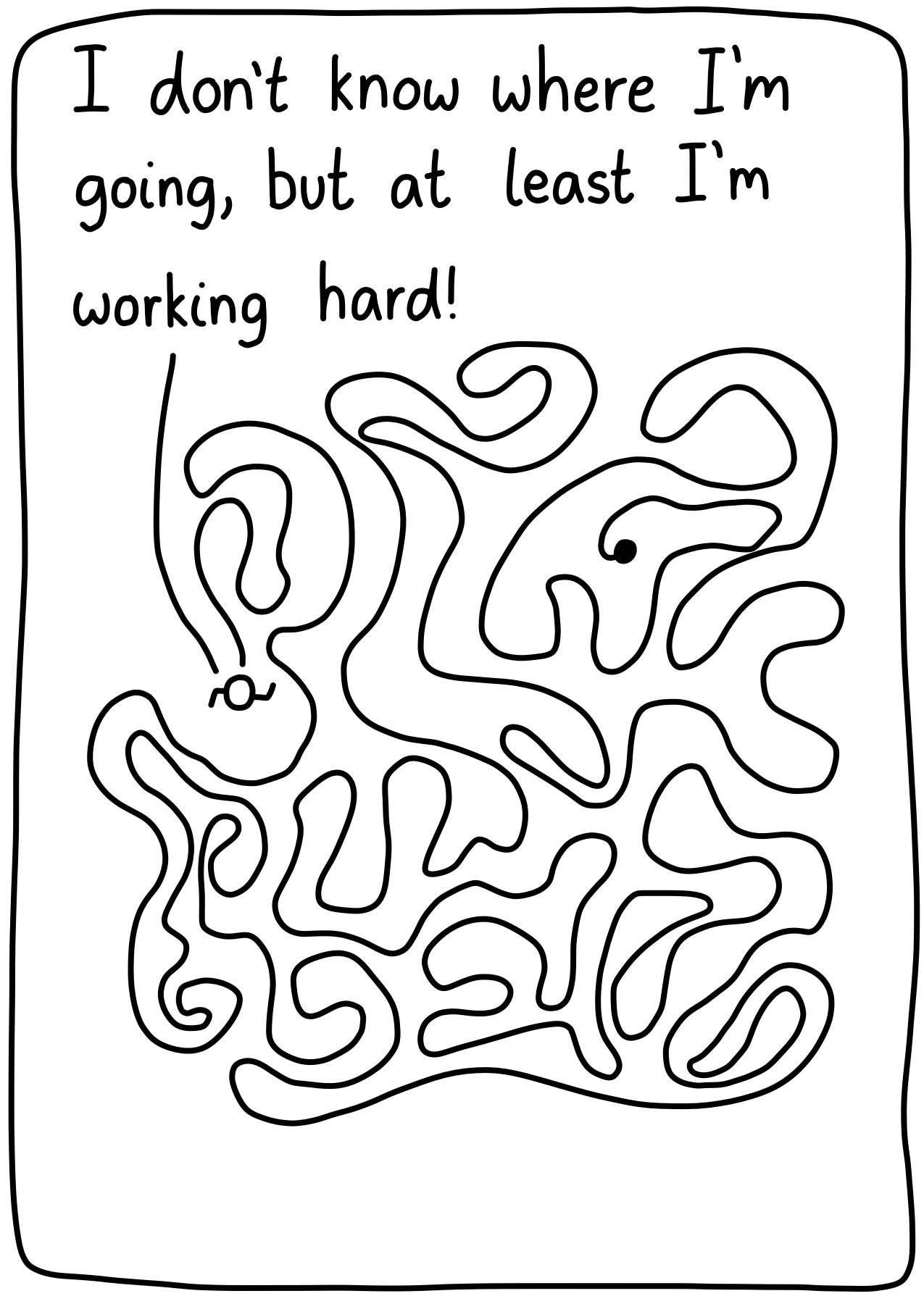 A person walks in an erratic way, not getting anywhere in particular. The panel is an overhead view of this path, which resembles a random walk. The person says, "I don't know where I'm going, but at least I'm working hard!"