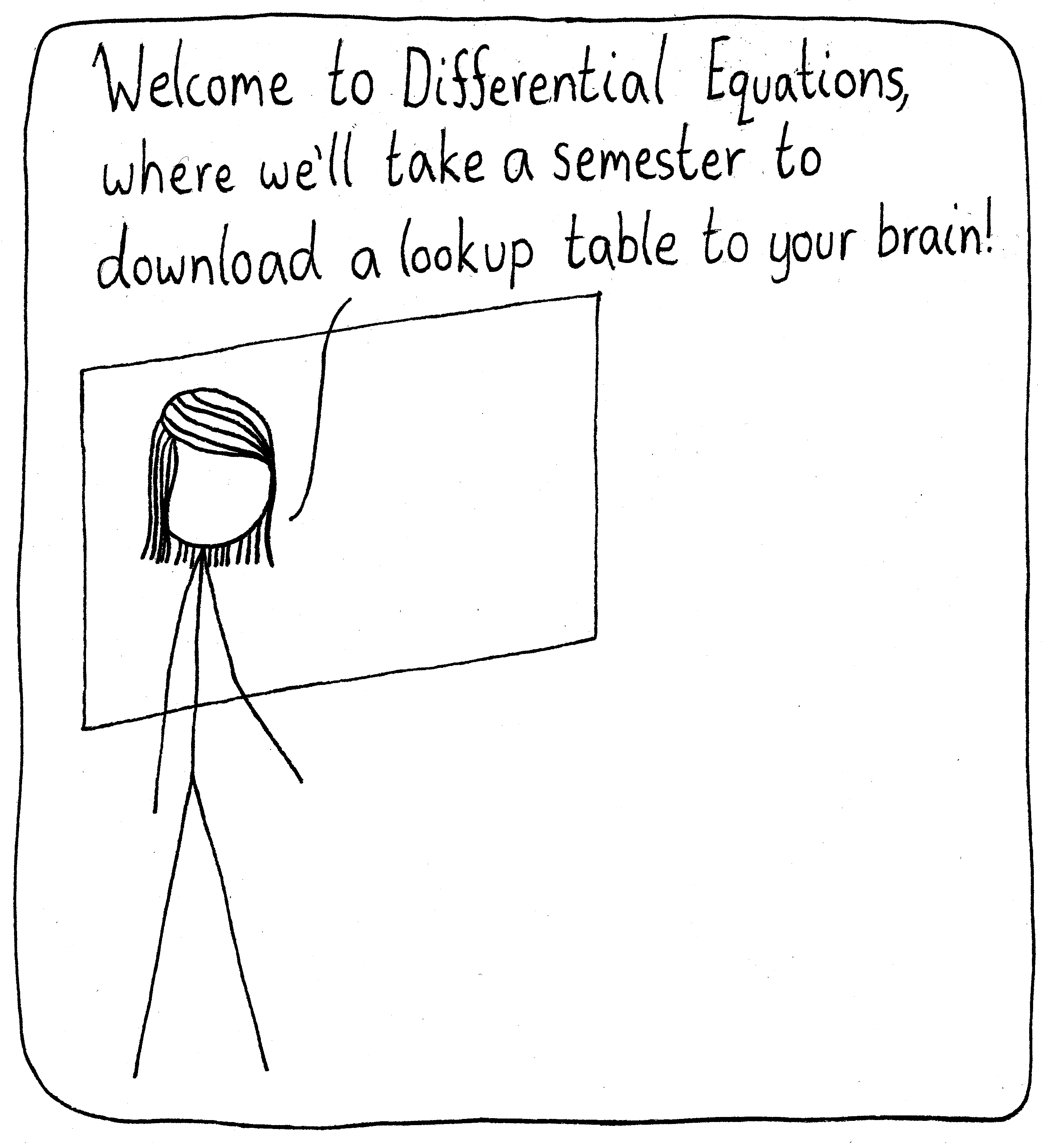 A professor stands in front of her blackboard and tells the class, "Welcome to Differential Equations, where we'll take a semester to download a lookup table to your brain!"