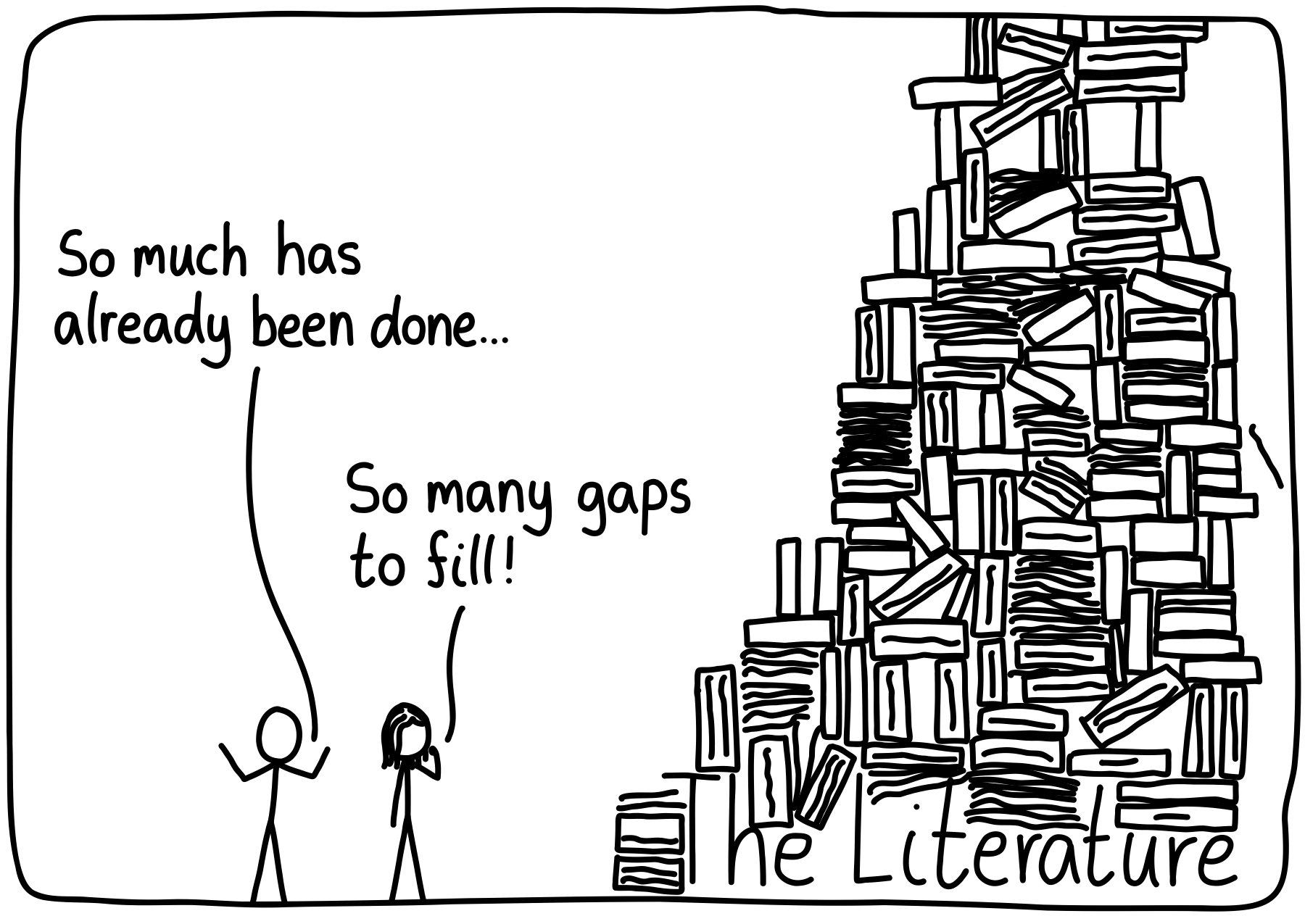 A senior and junior scientist look up at the mass which is "The Literature". The junior scientist says, "So much has already been done..." while the senior one says, "So many gaps to fill!"
