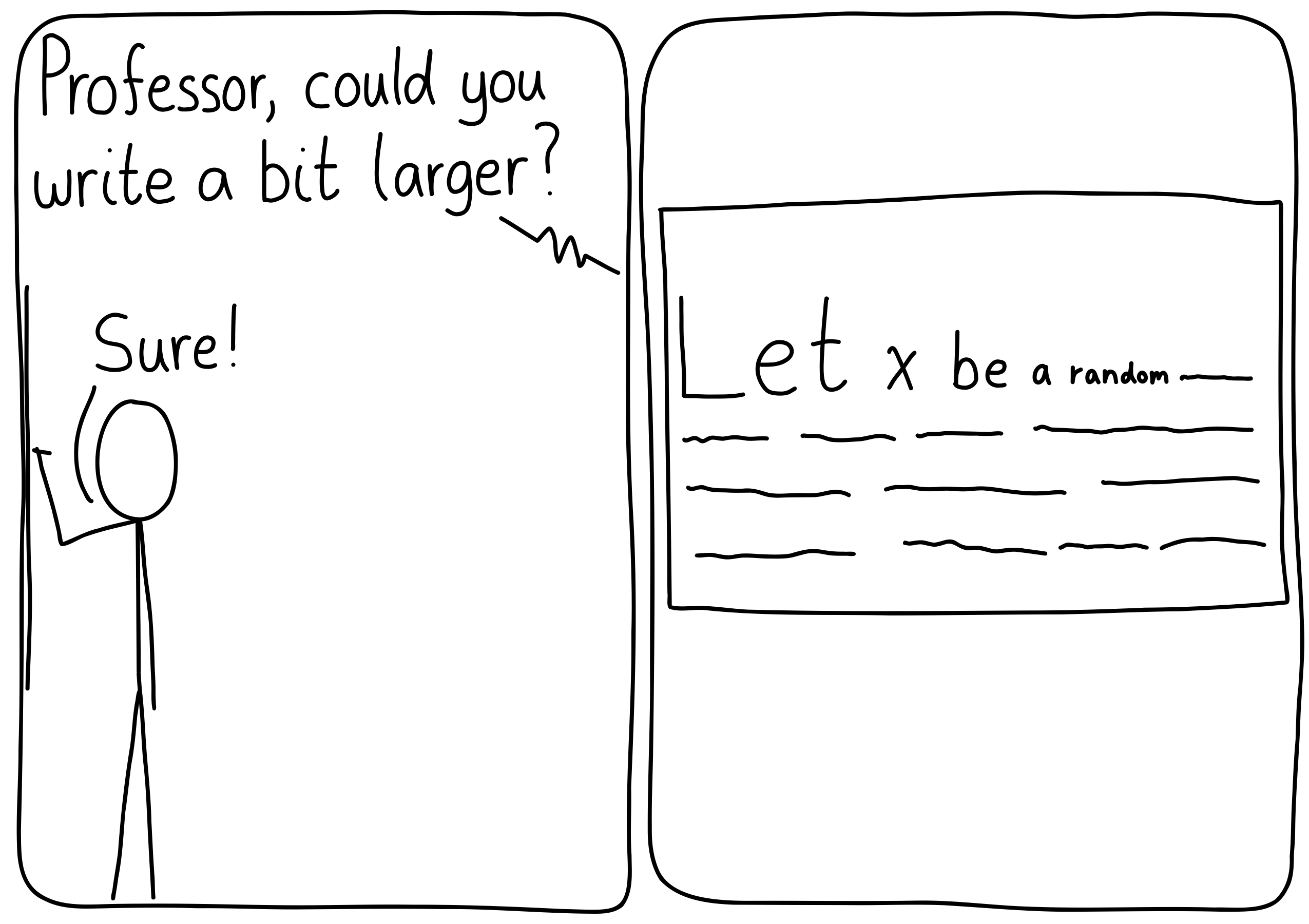 Left panel: A professor is writing on the board and a student asks, "Professor, can you write a bit bigger?" They say "Sure!" Right panel: The text on the board says "Let x be a random..." The writing gets smaller and smaller until its illegible gibberish.