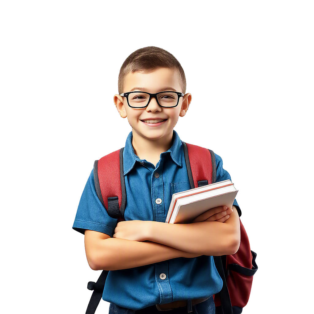 portrait of a happy young boy with glasses and a backpack, arms crossed, holding books, smiling at c