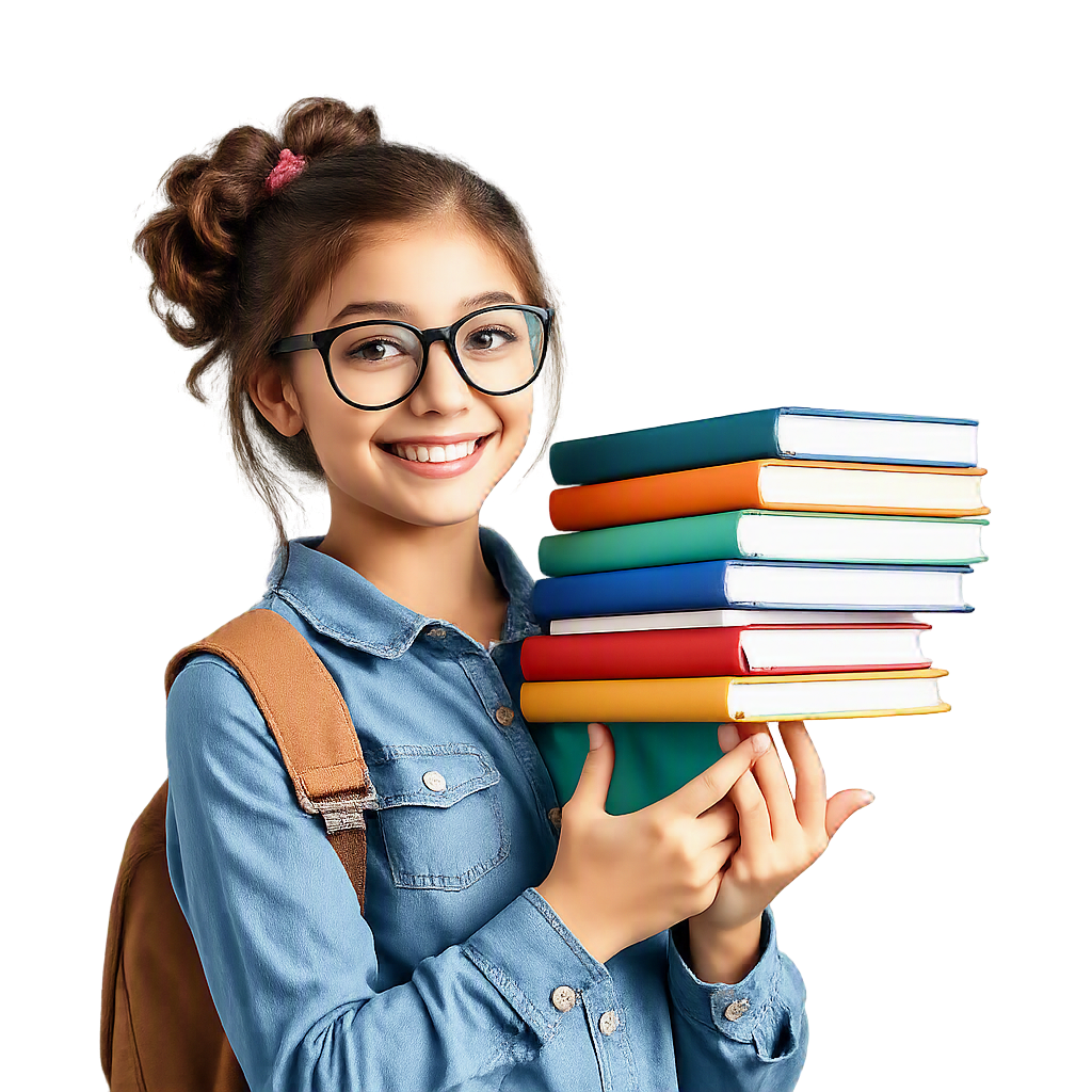 happy female student in light blue holding books, green blob background