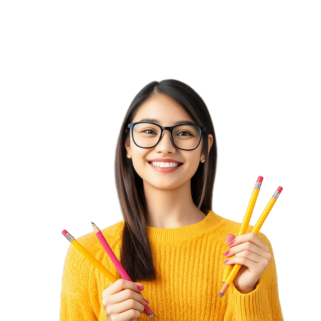 enthusiastic female student with glasses and yellow sweater holding pencils, bright green background